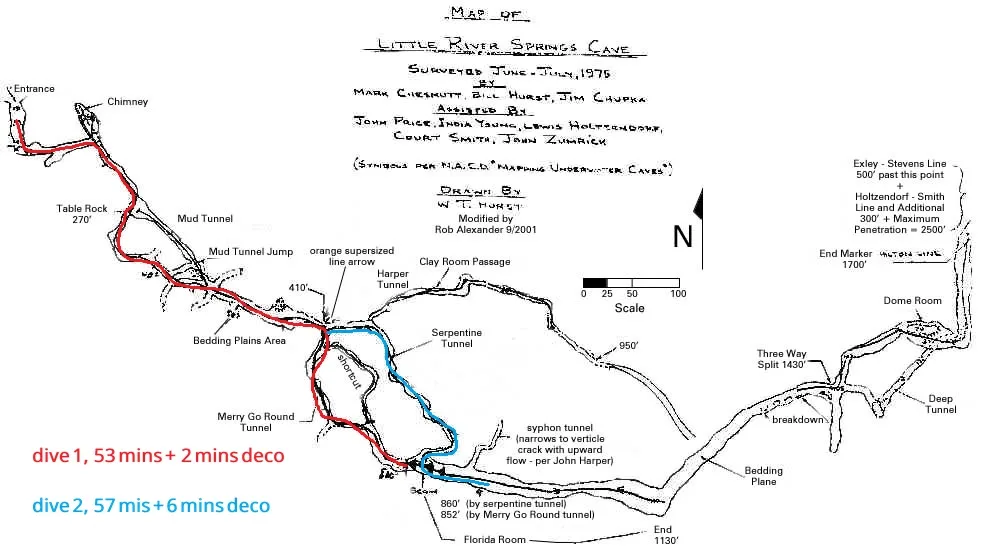 Little River Springs cave map showing Merry Go Round and Serpentine line routes dived