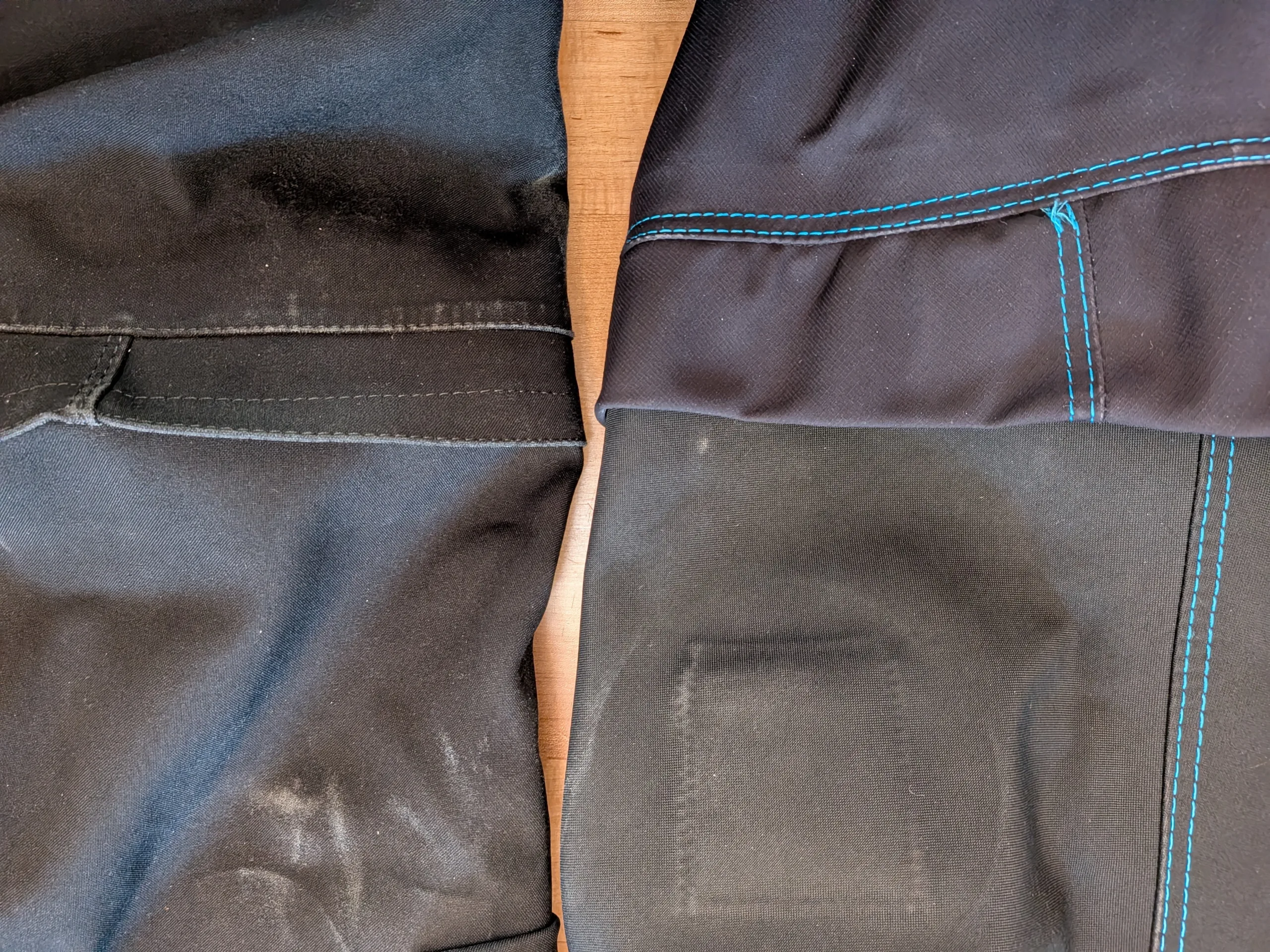 Close-up comparison of Seaskin Nova and O'Three 90Ninety Hybrid drysuit fabric texture